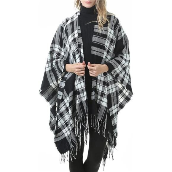 Black Plaid Printed Blanket Shawls Poncho Winter Open Front Wrap Cape Cardigan - Picture 1 of 6